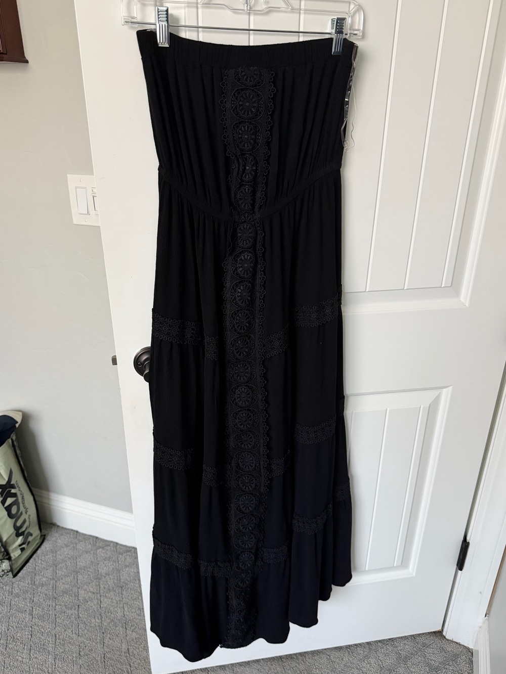 Justify Black Strapless Dress with Crochet Panel